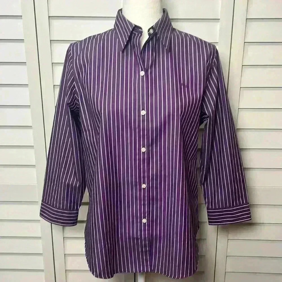 Lauren Ralph Lauren Pinstripe Non-Iron Cotton 3/4 Sleeve Button Down Top Size M - Picture 1 of 7